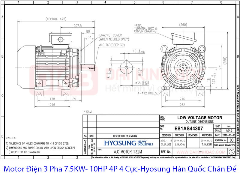 bản vẽ motor 7.5kw 4p hyosung hàn quốc