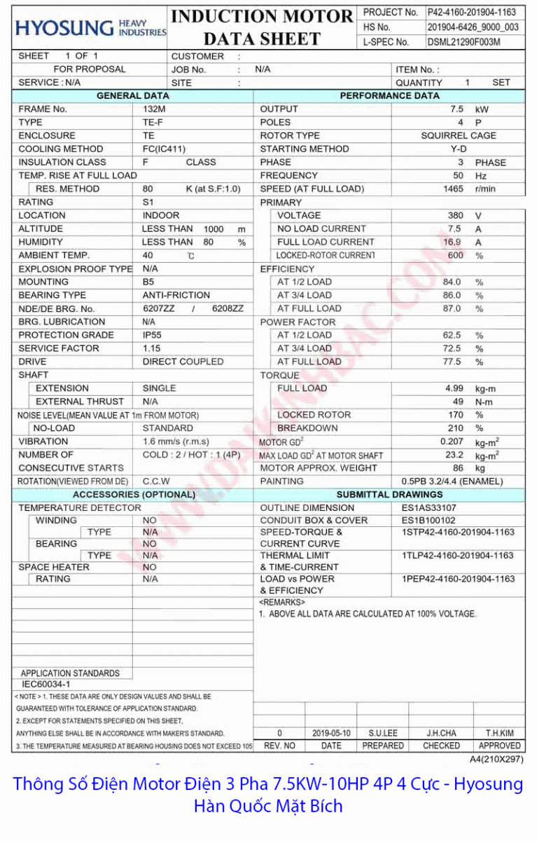 thông số điện B5 motor điện 7.5kw 4P hyosung hàn quốc