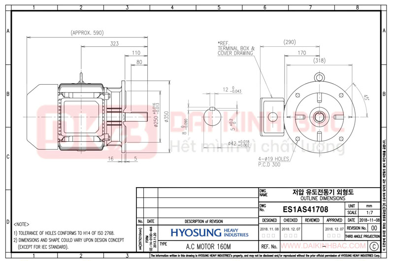 Motor Điện 3 Pha 7.5KW- 10HP 6P 6 Cực - Hyosung Hàn Quốc