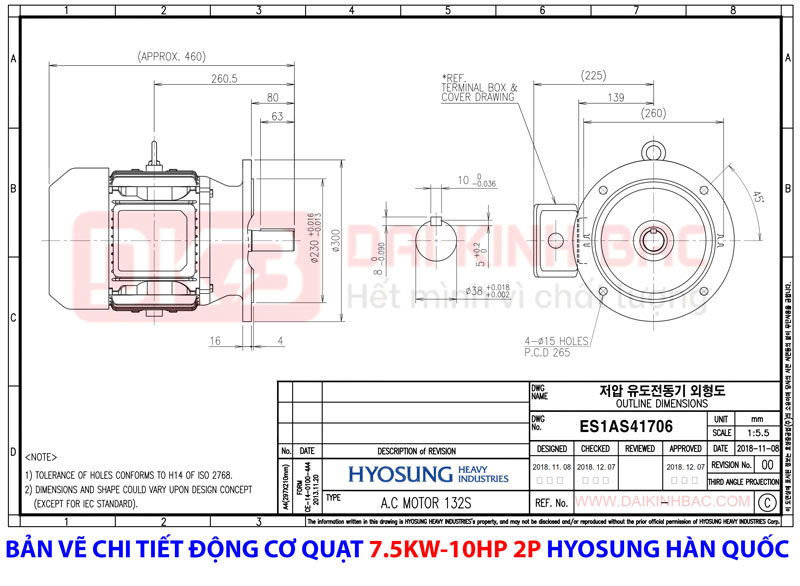 bản vẽ chi tiết mặt bích động cơ quạt hyosung hàn quốc 7.5kw