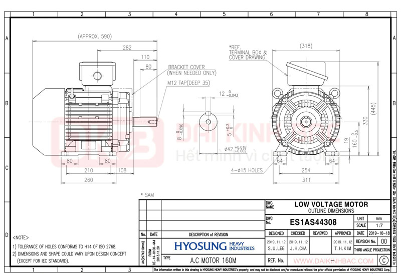 Motor Điện 3 Pha 7.5KW- 10HP 6P 6 Cực - Hyosung Hàn Quốc