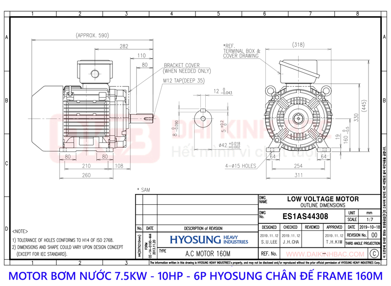 motor bom nuoc hyosung 7.5kw 6P chan de