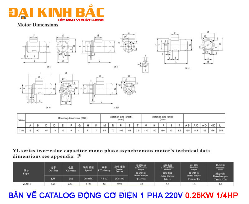CATALOG CHI TIẾT CỦA ​ĐỘNG CƠ ĐIỆN 1 PHA 220V 0.25KW 1/3HP
