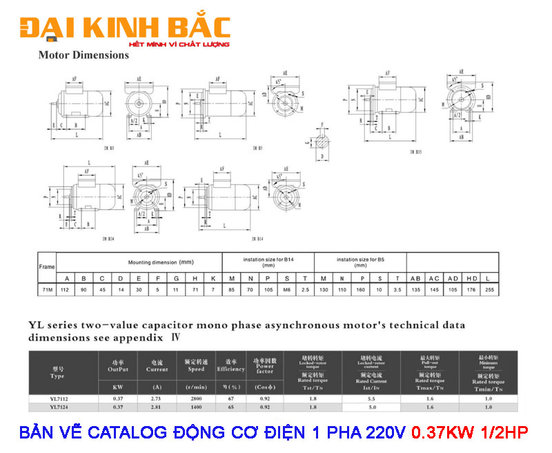 CATALOG CHI TIẾT CỦA ĐỘNG CƠ ĐIỆN 1 PHA 220V 0.37KW 1/2HP