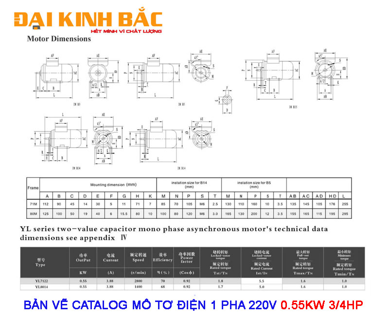 CATALOG CHI TIẾT CỦA MÔ TƠ ĐIỆN 1PHA 220V 0.55KW 3/4HP