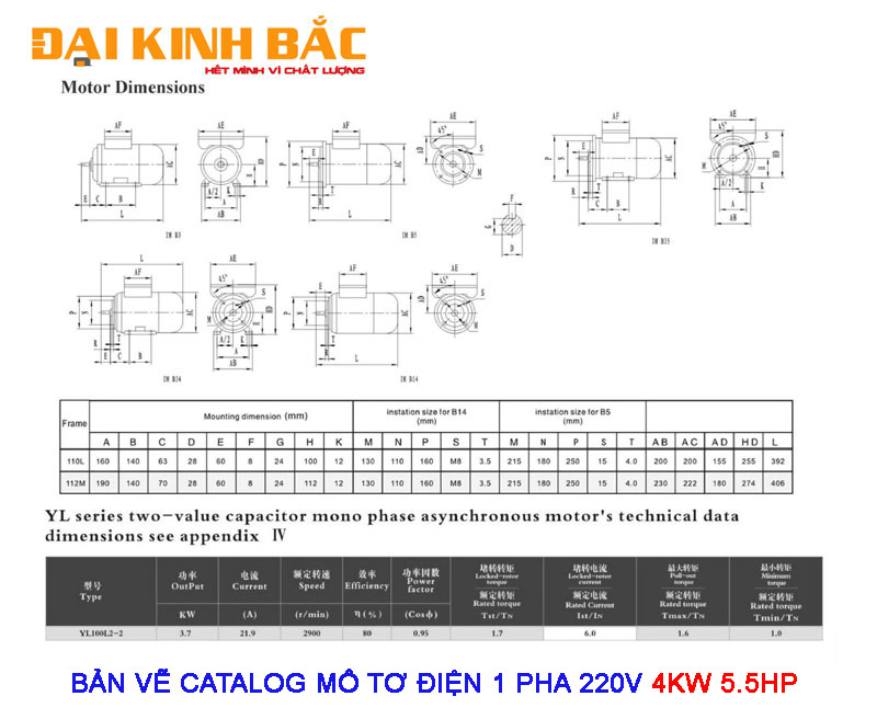 BẢN VẼ, CATALOG CHI TIẾT CỦA MÔ TƠ ĐIÊN 1PHA 220V 4KW