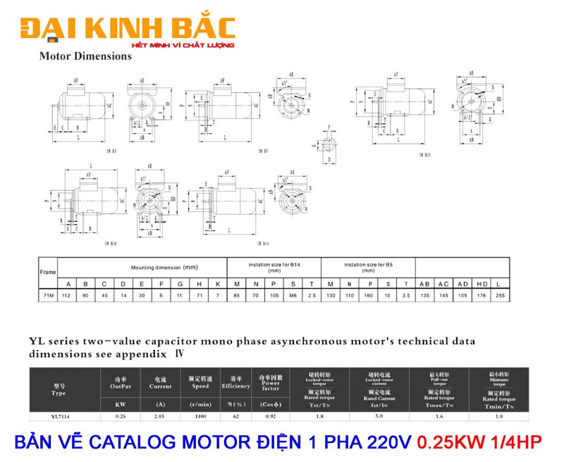 catalog motor điện 1 pha 220v 0.25kw