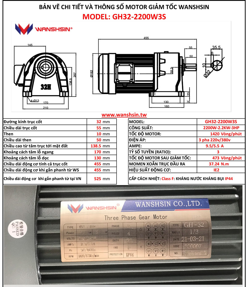 Motor Giảm Tốc Chân Đế Wanshsin GH40-2200W-3S