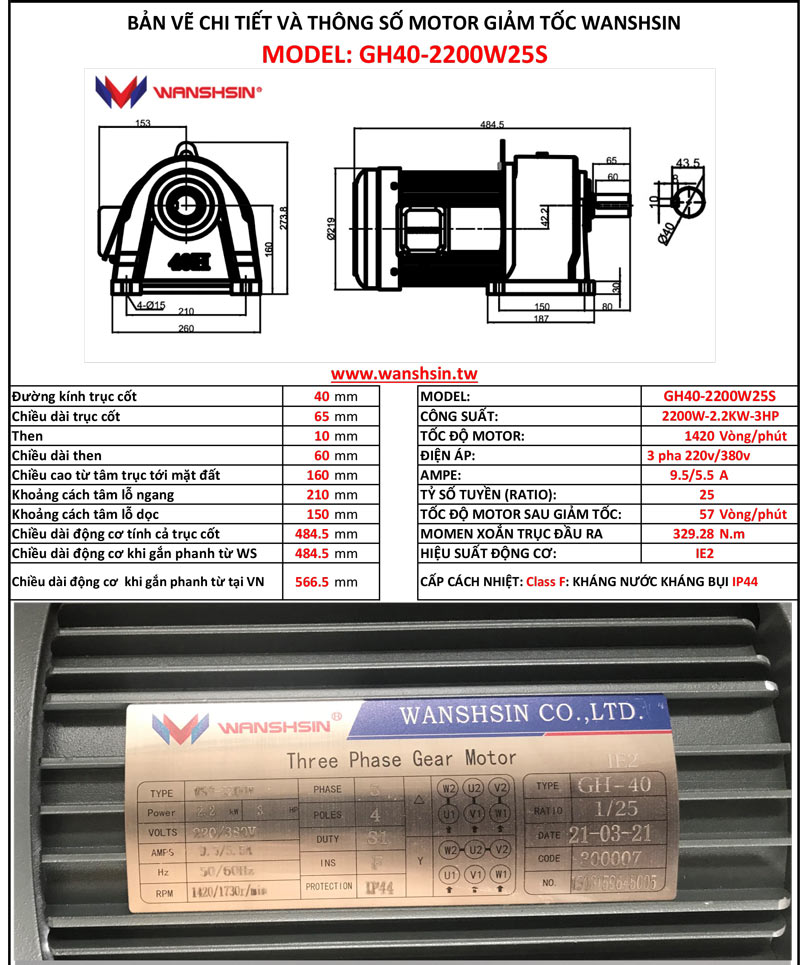 Motor Giảm Tốc Chân Đế Wanshsin GH40-2200W-25S