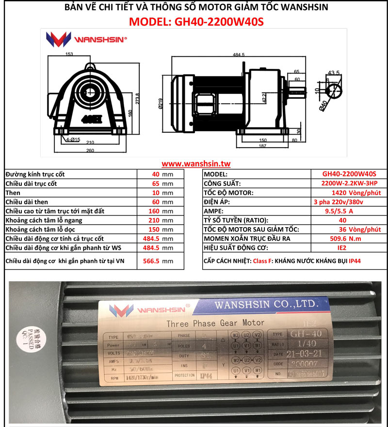 Motor Giảm Tốc Chân Đế Wanshsin GH40-2200W-40S