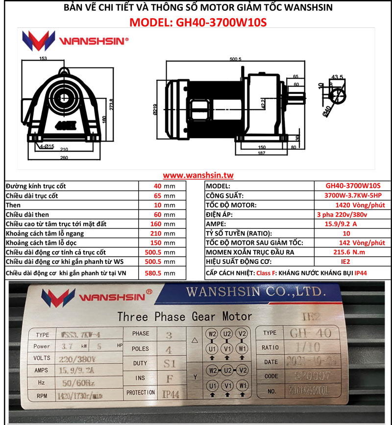 Motor Giảm Tốc Chân Đế Wanshsin GH40-3700W-10S