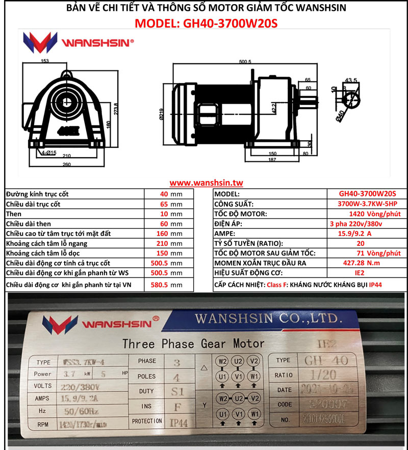 Motor Giảm Tốc Chân Đế Wanshsin GH40-3700W-20S