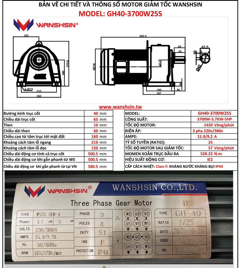 Motor Giảm Tốc Chân Đế Wanshsin GH40-3700W-25S