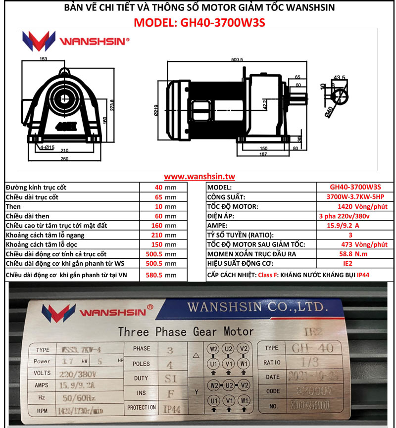 Motor Giảm Tốc Chân Đế Wanshsin GH40-3700W-3S