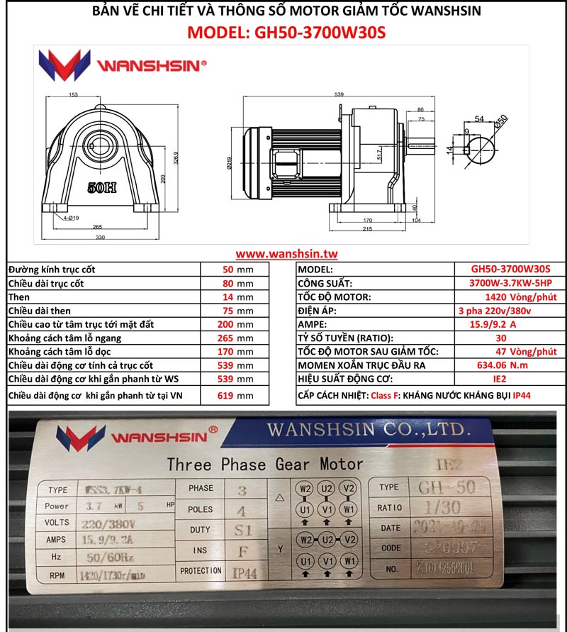 Motor Giảm Tốc Chân Đế Wanshsin GH50-3700W-30S