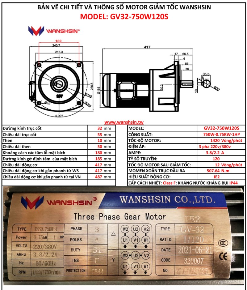 Motor Giảm Tốc Mặt Bích Wanshsin GV32-750W-120S