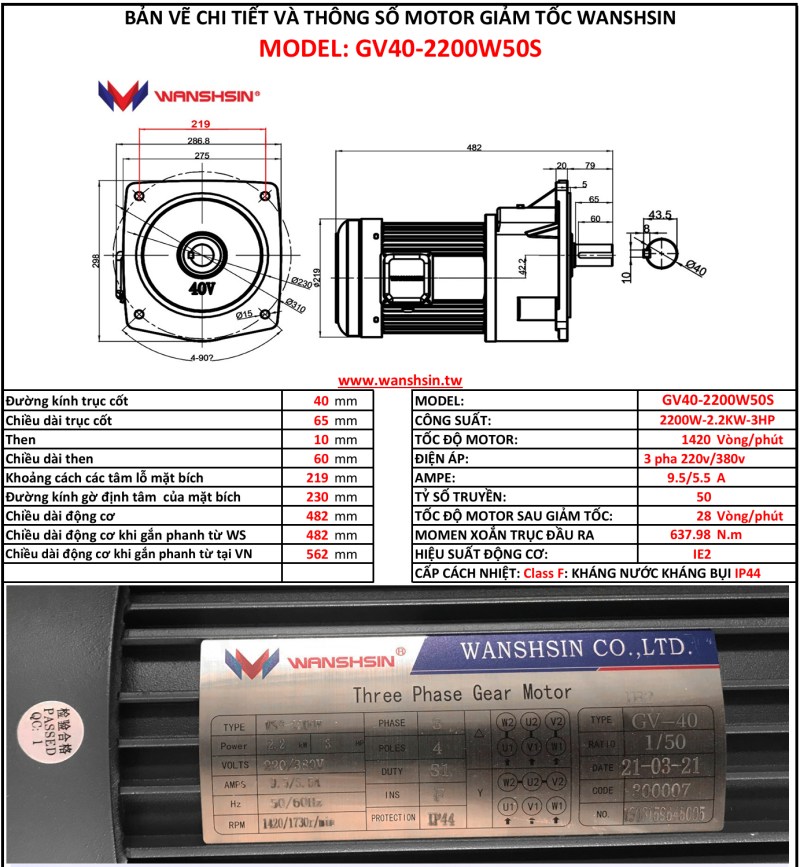 Motor Giảm Tốc Mặt Bích Wanshsin GV40-2200W-50S