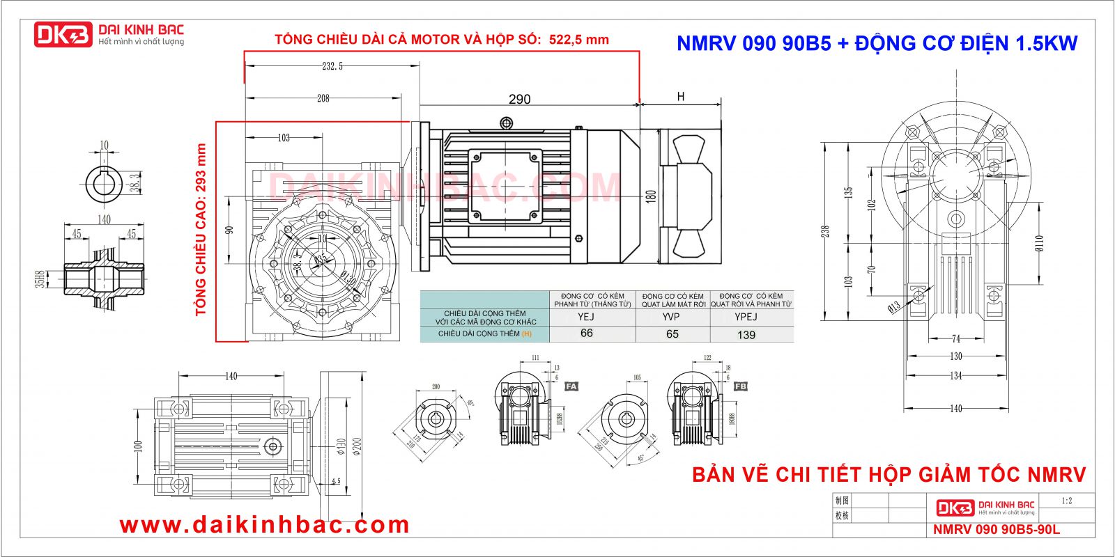 bản vẽ chi tiết với công suất 1.5kw, frame 90