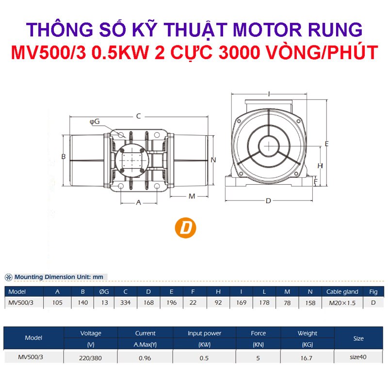 Thông số kỹ thuật motor rung MV500/3 0.5kw 2 cực ~ 3000 vòng/phút
