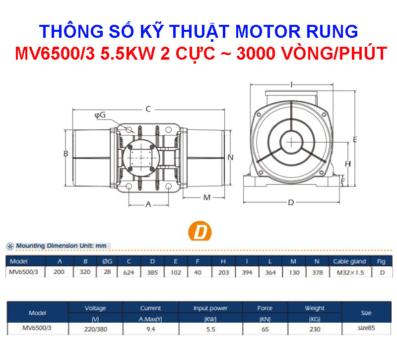Thông số motor rung MV6500/3 5.5Kw 2 cực 3000 vòng/phút