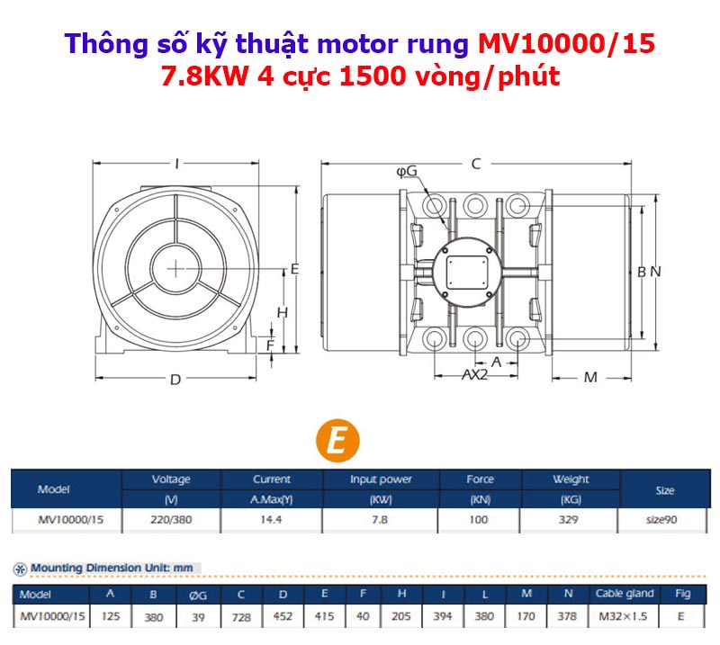 Catalog chi tiết motor rung MV10000/15 7.8Kw 4 cực