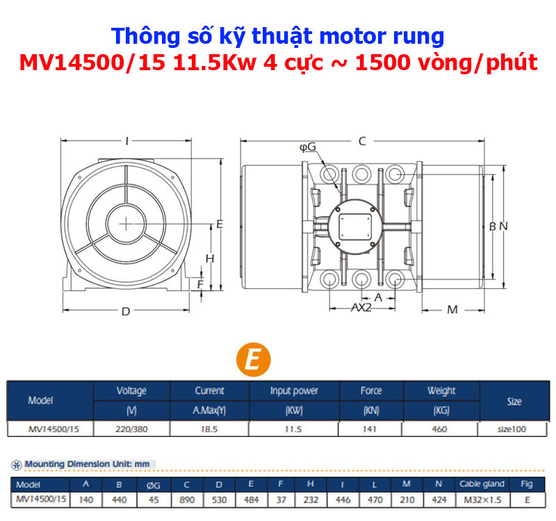 Thông số kỹ thuật motor rung Mv14500/15 11.5Kw 4 cực