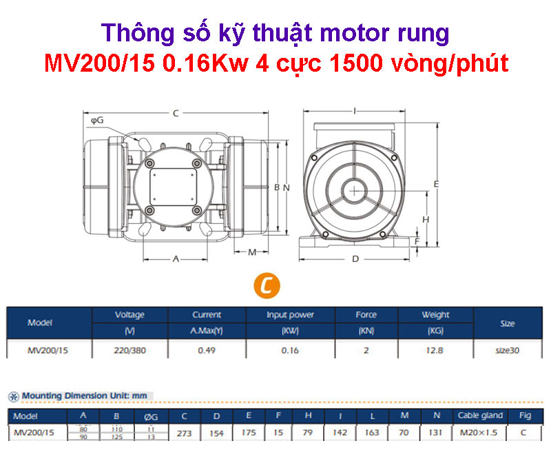 Thông số kỹ thuật motor rung MV200/15 0.16Kw 4 cực