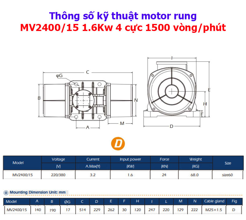 Thông số kỹ thuật motor rung MV2400/15 1.6KW