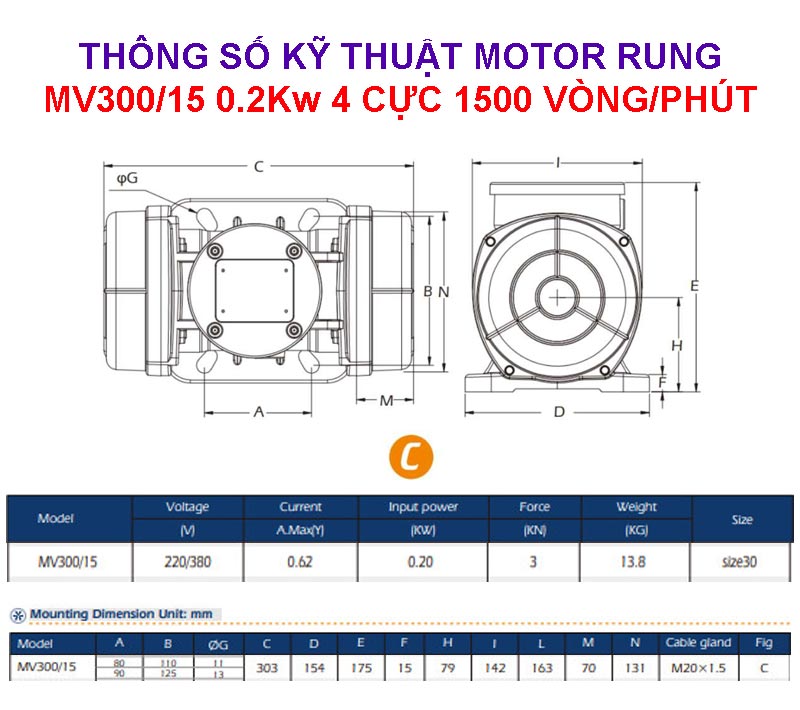 Thông số kỹ thuật motor rung MV300/15 0.2Kw 4 cực ~ 1500 vòng/phút