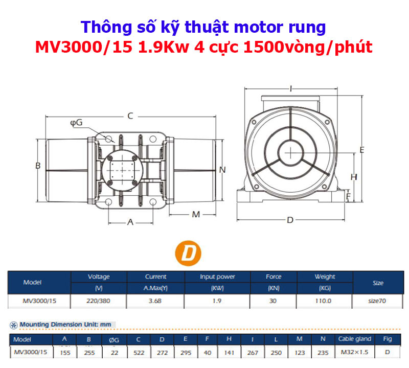 Catalog của motor rung MV3000/15 1.9Kw 4 cực