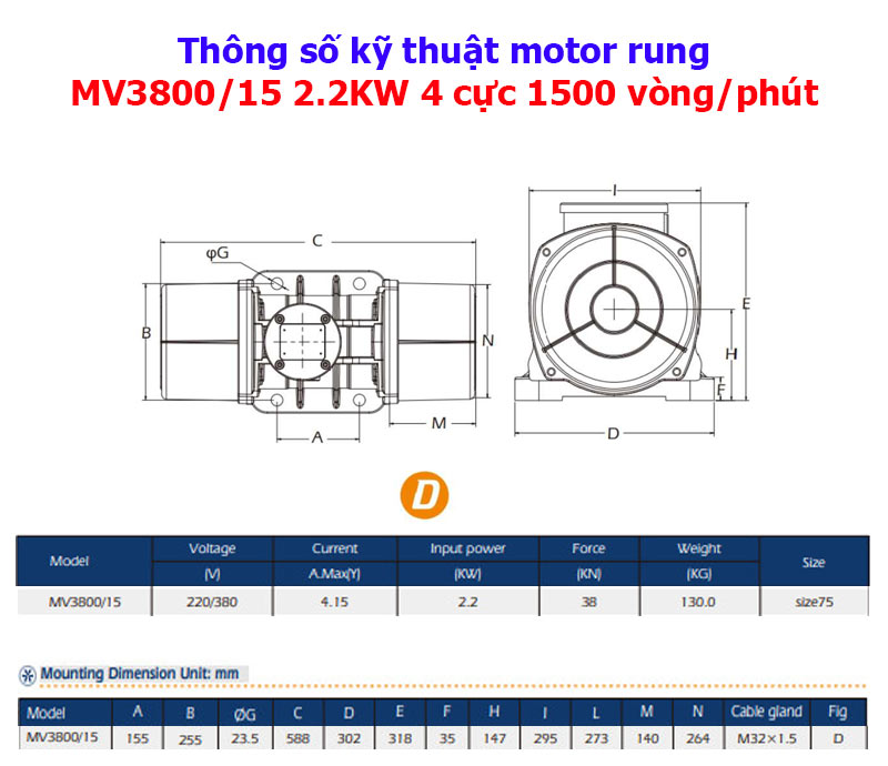 Thông số kỹ thuật motor rung MV3800/15 2.2KW 4 cực