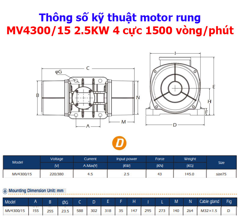 Thông số kỹ thuật motor rung MV4300/15 2.5Kw