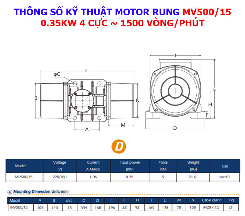 Thông số kỹ thuật motor rung MV500/15 0.35KW 4 cực