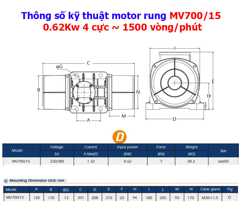 Thông số kỹ thuật motor rung Mv700/15 0.62