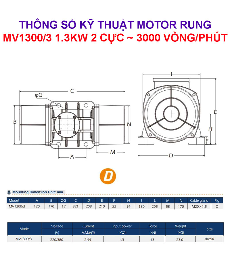 Thông số kỹ thuật motor rung MV1300/3 1.3Kw 2 cực 3000 vòng/phút