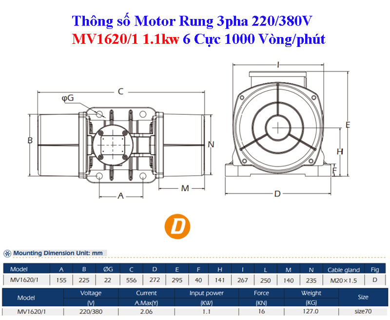 Bản vẽ Motor rung MV1620/1 1.1kw 6 cực 1000 vòng/phút