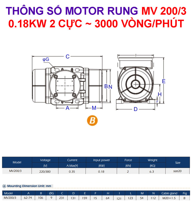 Thông số motor rung MV200/3 0.18Kw 2 cực 3000 vòng/phút