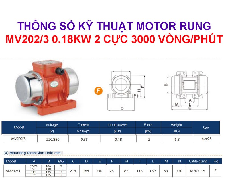 Thông số motor rung MV202/3 0.18KW 2 cực ~ 3000 vòng/phút