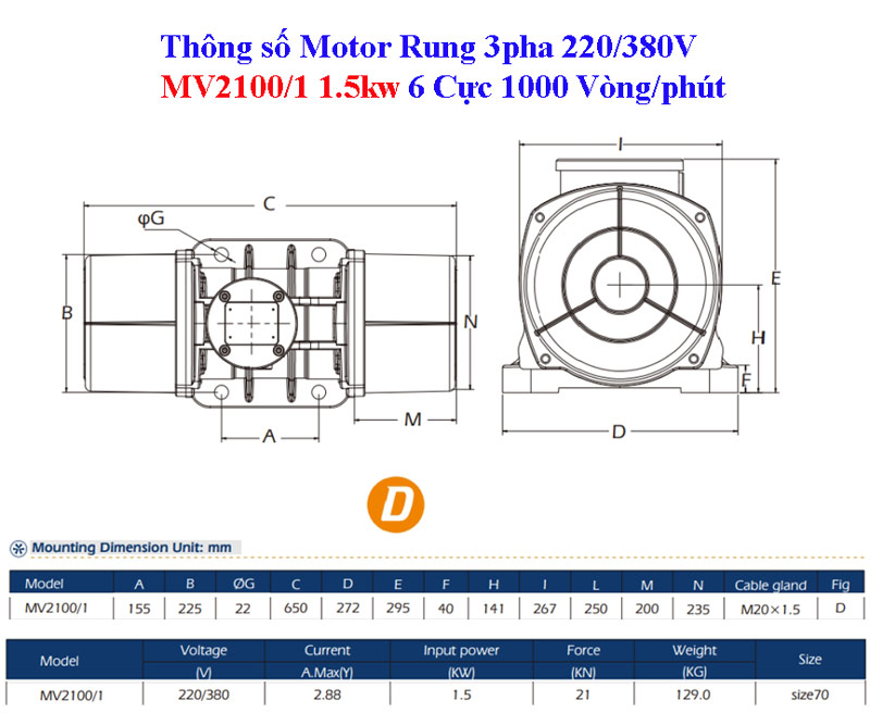 Bản vẽ Motor rung MV2100/1 1.5kw 6 cực 1000 vòng/phút
