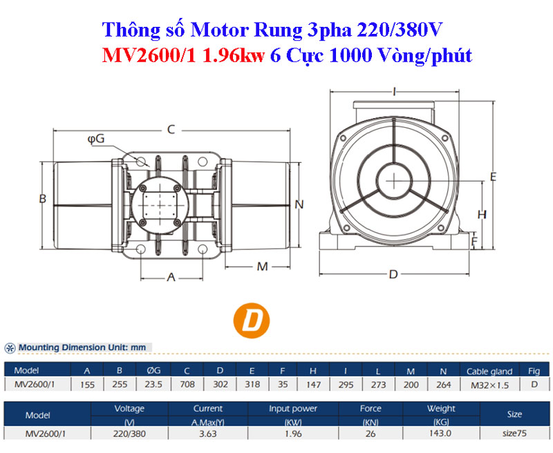 Bản vẽ Motor rung MV2600/1 1.96kw 6 cực 1000 vòng/phút