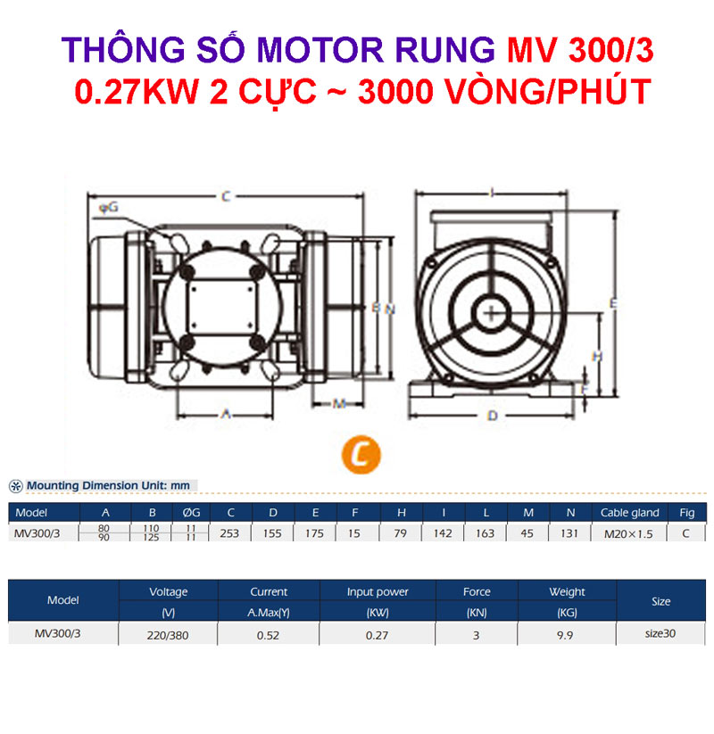 Thông số motor rung MV300/3 0.27Kw 2 cực 3000 vòng/phút