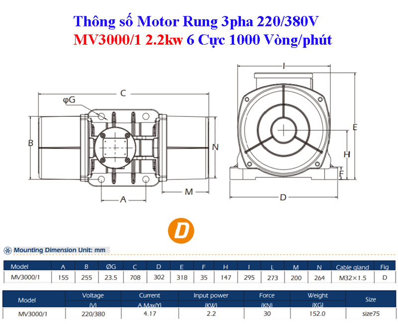 Bản vẽ Motor rung MV3000/1 2.2kw 6 cực 1000 vòng/phút