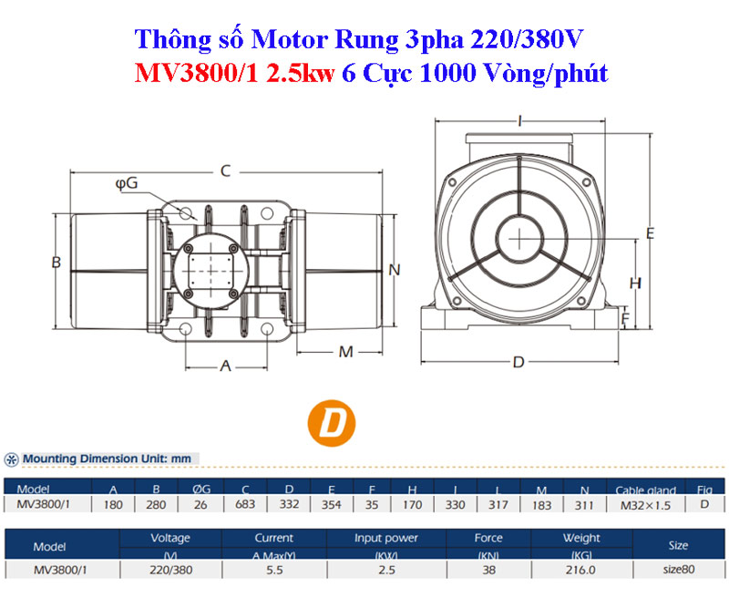 Bản vẽ Motor rung MV3800/1 2.5kw 6 cực 1000 vòng/phút