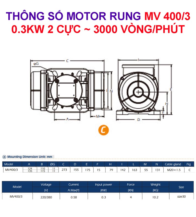 Thông số motor rung MV400/3 0.3kw 2 cực 3000 vòng/phút