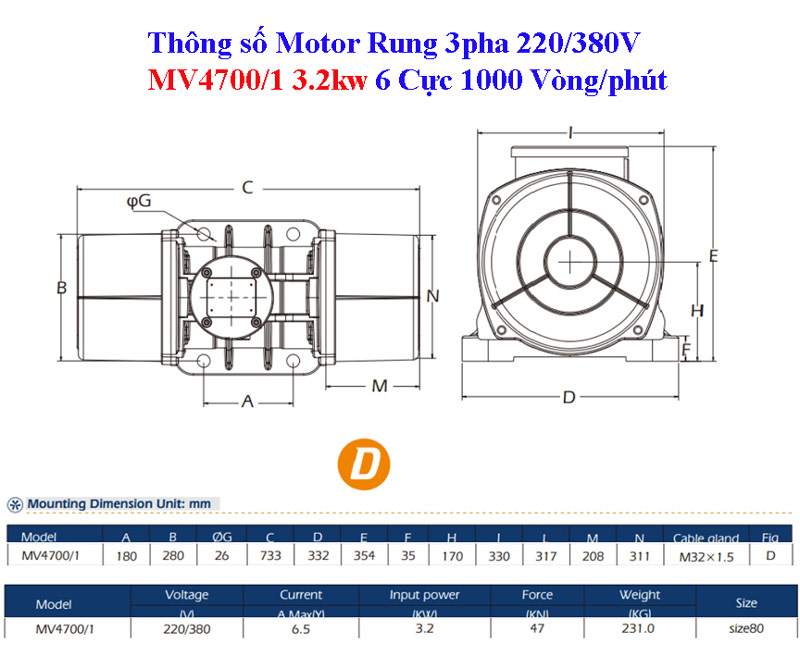 Bản vẽ Motor rung MV4700/1 3.2kw 6 cực 1000 vòng/phút