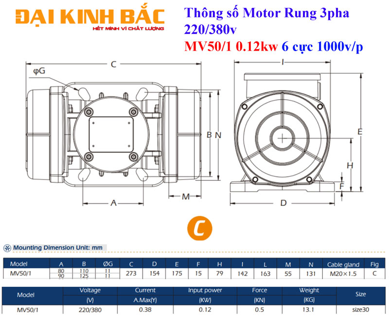 Bản vẽ Motor rung MV50/1 0.12kw 6 cực 1000 vòng/phút