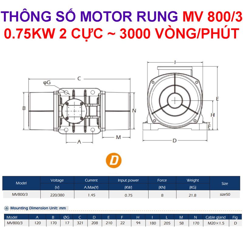 Thông số motor MV800/3 0.75Kw 2 cực ~ 3000 vòng/phút