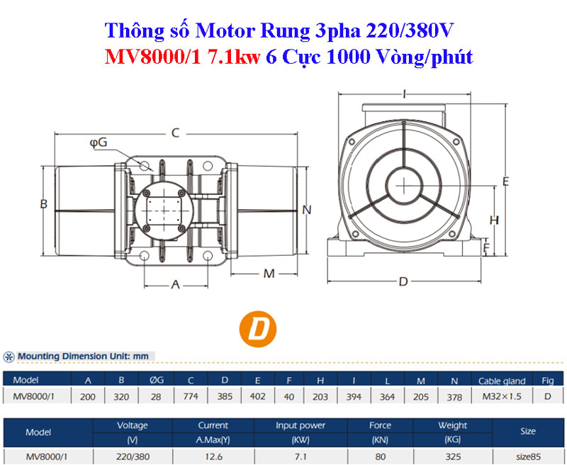 Bản vẽ Motor rung MV8000/1 7.1kw 6 cực 1000 vòng/phút