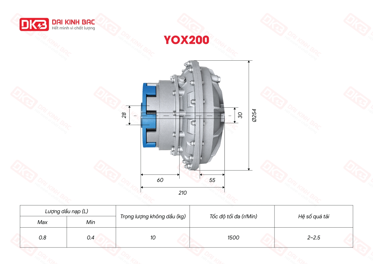 Bản vẽ thông số kỹ thuật của khớp nối thủy lực YOX200