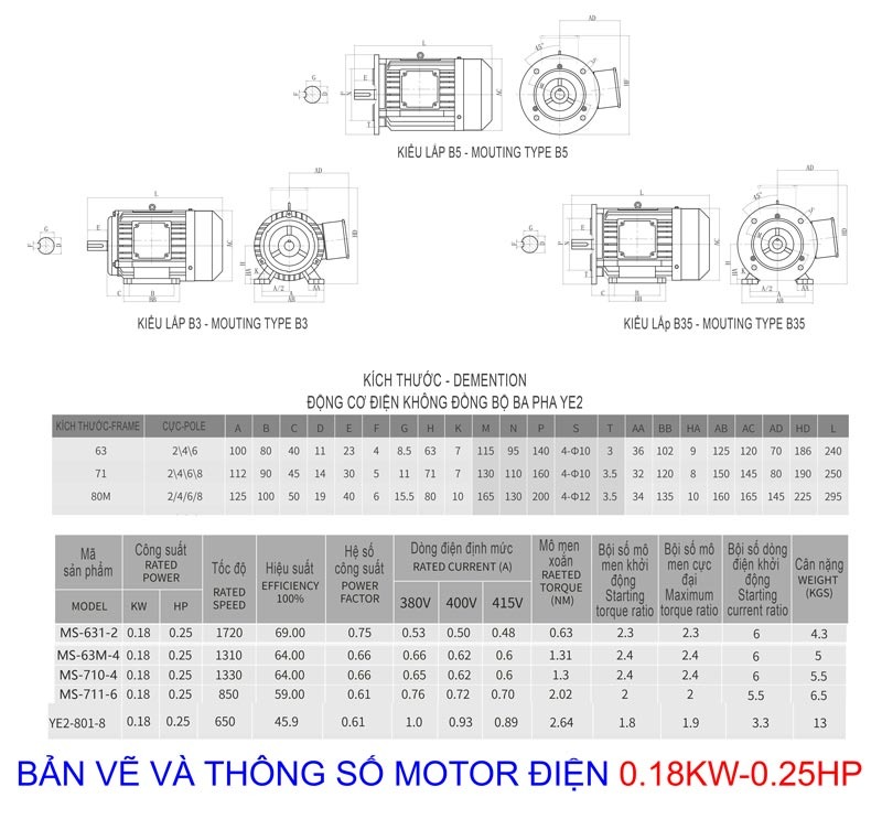 Catalog động cơ điện 0.18kw - 0.25hp